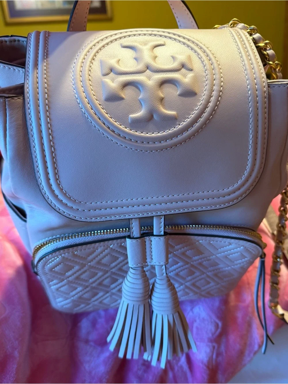 Tory Burch Cream Quilted Tassel Leather Backpack with Gold Chain